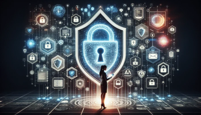 A secure mobile app interface with encryption symbols, lock icon, and user updating against digital shields and firewalls.