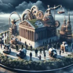 A circular platform features a classical courthouse, gears symbolizing industry trends, a statue holding scales, chess pieces, dice, and miniature figures in suits, surrounded by trees with dramatic clouds and hills in the background.