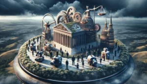 A circular platform features a classical courthouse, gears symbolizing industry trends, a statue holding scales, chess pieces, dice, and miniature figures in suits, surrounded by trees with dramatic clouds and hills in the background.