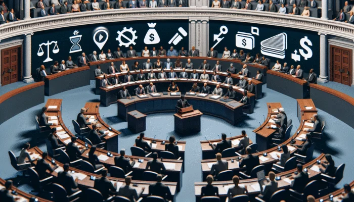 Diverse lawmakers debating payday lending reforms with visible charts on interest rates and repayment terms.