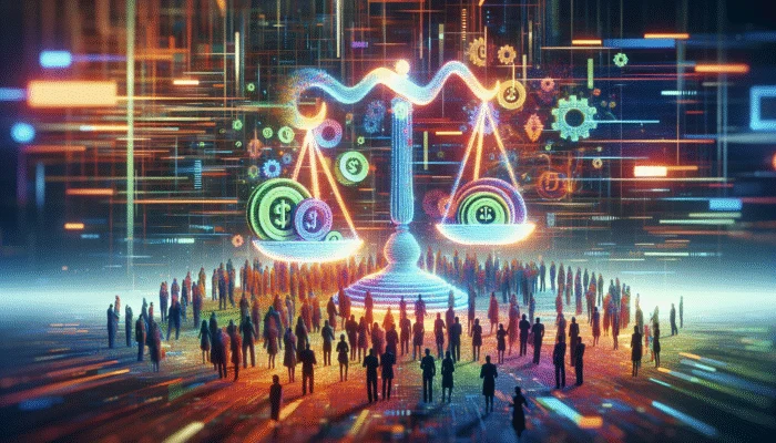 A bustling financial market with digital growth graphs, people using technology for payday loans, and legal documents symbolizing regulatory changes.