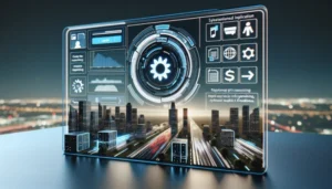 A futuristic digital interface screen displays data charts, tech icons, and a central gear symbol over a blurred cityscape background, suggesting advanced technology and urban analytics—a quick guide to innovations shaping the modern city.