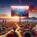A large billboard advertising quick relief payday loan options stands in the middle of a Texas desert landscape with cacti and shrubs at sunset, vibrant clouds, and distant mountains completing the striking scene.