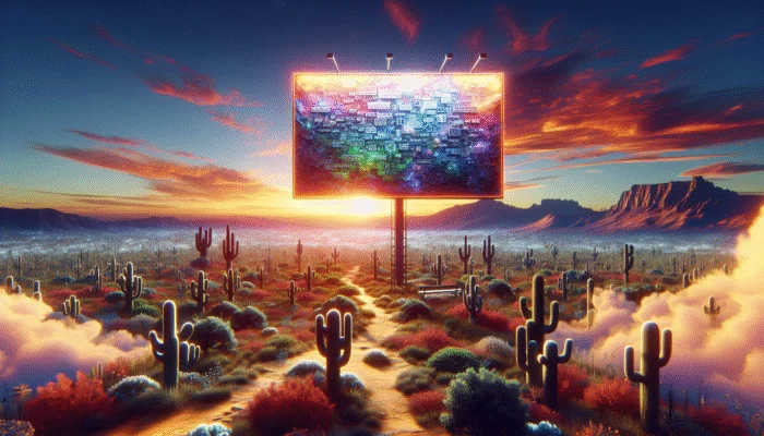 A large billboard advertising quick relief payday loan options stands in the middle of a Texas desert landscape with cacti and shrubs at sunset, vibrant clouds, and distant mountains completing the striking scene.
