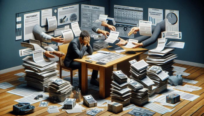 A person anxiously reviews financial documents and a lender's contract for extended repayment options at a cluttered desk.