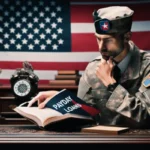 A person in military uniform sits at a desk with an open book titled "PAYDAY LOANS," appearing thoughtful. An American flag hangs in the background and an old-fashioned phone is on the desk—an essential guide for Texas Veterans.