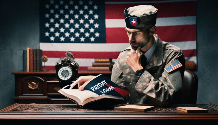 A person in military uniform sits at a desk with an open book titled "PAYDAY LOANS," appearing thoughtful. An American flag hangs in the background and an old-fashioned phone is on the desk—an essential guide for Texas Veterans.