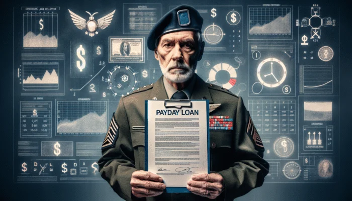 A concerned veteran in uniform holding a Payday Loan application against a backdrop of financial charts and a calendar with urgent due dates.