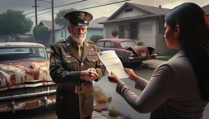 A veteran receives a payday loan beside a broken-down car, symbolizing quick financial aid.