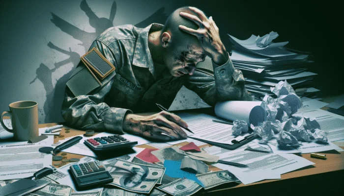 A distressed veteran at a cluttered desk with bills, showing signs of anxiety and PTSD.