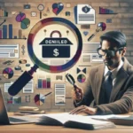 A man in a suit examines papers with a magnifying glass at his desk, a laptop open beside him. Behind him are digital icons of charts, graphs, and a magnified "DENIED" stamp over a dollar sign, symbolizing a denied payday loan application.