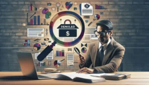 A man in a suit examines papers with a magnifying glass at his desk, a laptop open beside him. Behind him are digital icons of charts, graphs, and a magnified "DENIED" stamp over a dollar sign, symbolizing a denied payday loan application.