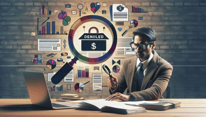 A man in a suit examines papers with a magnifying glass at his desk, a laptop open beside him. Behind him are digital icons of charts, graphs, and a magnified "DENIED" stamp over a dollar sign, symbolizing a denied payday loan application.