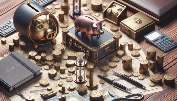 Desk cluttered with financial documents showing savings and spending patterns, symbolizing stability and acumen.