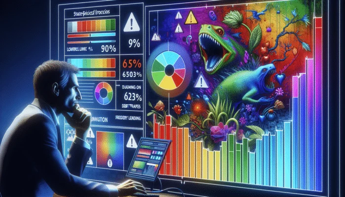 Person viewing infographic on computer showing state-specific payday loan interest rate caps from 10% to 652% with debt trap warnings.