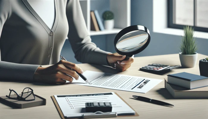 Person carefully completing payday loan application with magnifying glass and checklist in home office.