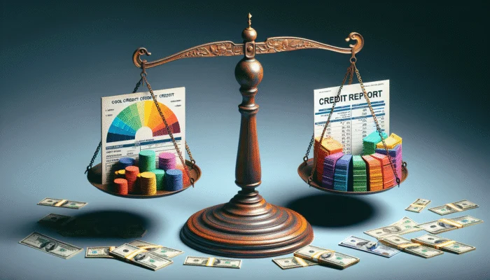 A scale with a credit report and money stacks, showing credit history's impact on loan amounts.