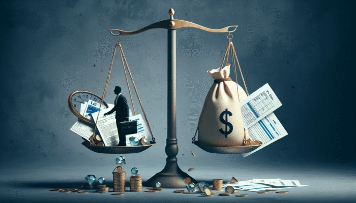 A scale comparing loan amounts for full-time and part-time workers, surrounded by pay stubs and bank statements.
