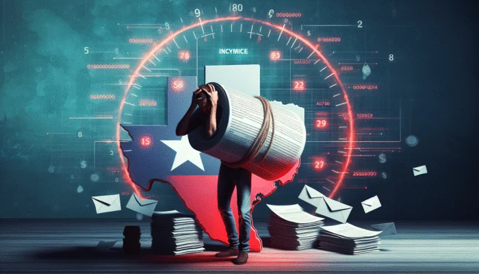 A stressed person in Texas with a Payday Loan contract, surrounded by bills and a calendar.