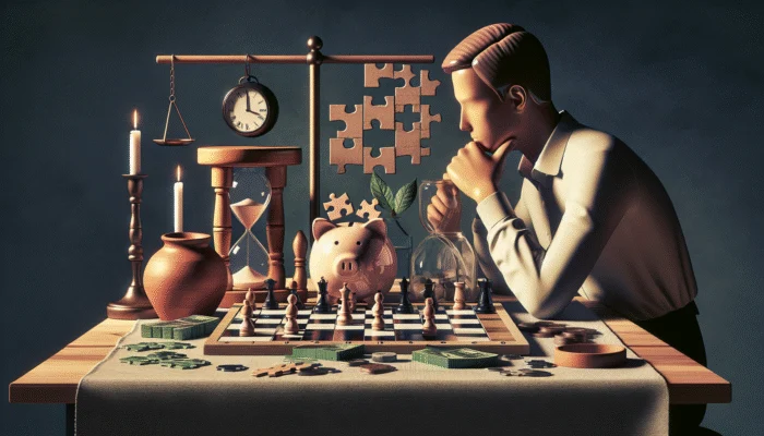 A person setting SMART financial goals at a desk with charts, a three-month calendar, and a '$500' piggy bank.
