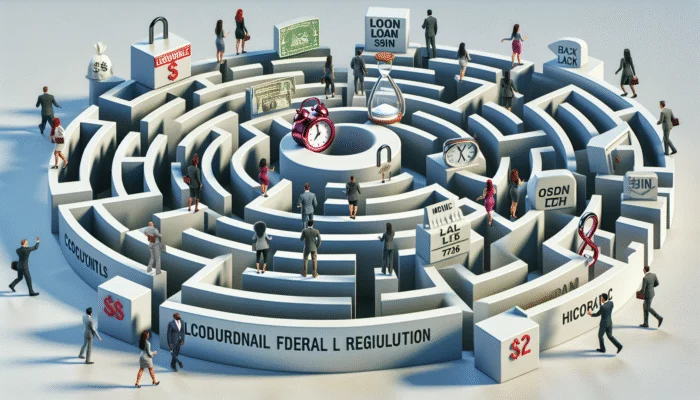 A diverse group navigating a maze representing federal regulations on payday loans, with signs for CFPB and transparency.