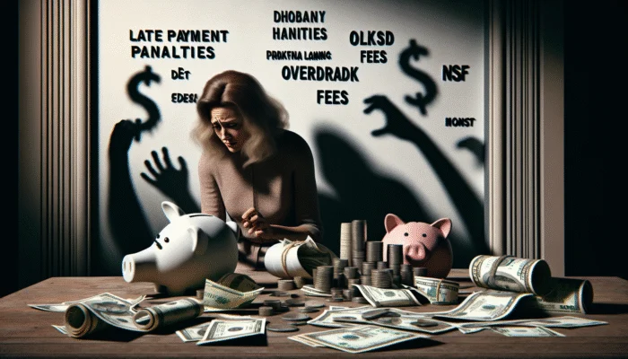 A Texas borrower overwhelmed by payday loan fines, surrounded by symbols of penalties and fees, illustrating debt cycle.