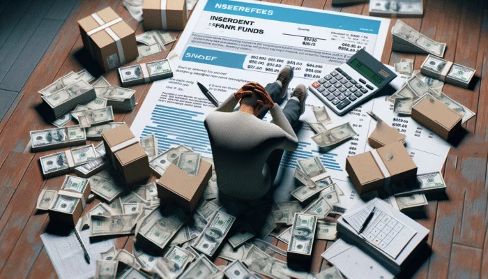 A stressed person amidst $30 and $40 bills, calculator, and bank statement showing insufficient funds, illustrating NSF fees and payday loan burdens.