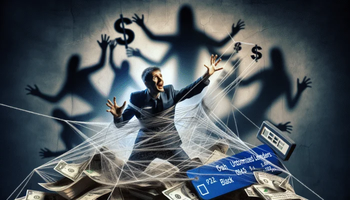A person entangled in debt, seeking help from loved ones, with looming unregulated lenders.