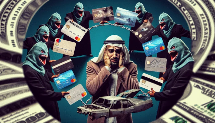 A distressed person amidst high-interest credit cards, loan sharks, and a broken vehicle, illustrating financial vulnerability without payday loans.