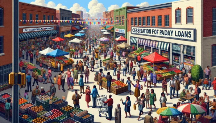 A vibrant local market scene with shoppers spending freely on various goods and services, celebrating the end of payday loans.