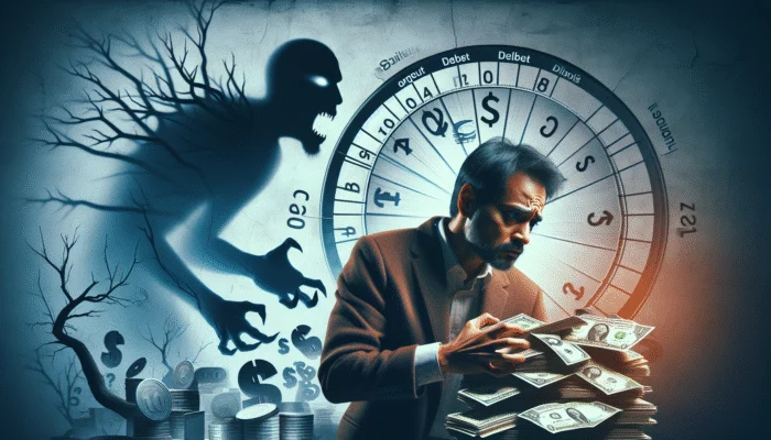 A person holding cash, shadowed by debt cycle, with financial documents and next payday marked on calendar.