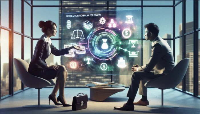 Financial advisor guiding client with digital plan to manage payday loan defaults, using charts and graphs.