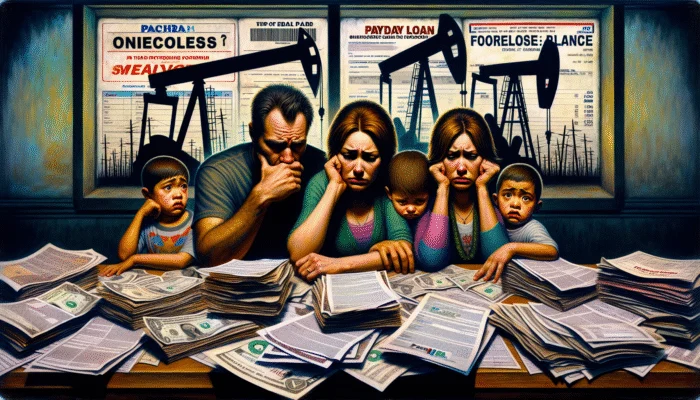 A Texan family at a payday loan office, surrounded by bills and foreclosure notice, with oil rigs and closed farms in the background.