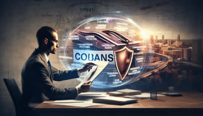 A consumer reading loan terms with a protective shield, in a busy Texas city during peak borrowing season.