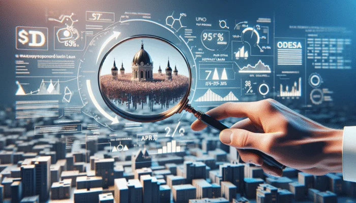 A hand with a magnifying glass over a document showing 'APR 15% - 30%' for payday loans, Odessa skyline in background.