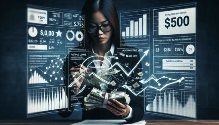 Person calculating a $500 payday loan, surrounded by charts showing fees and interest rates.
