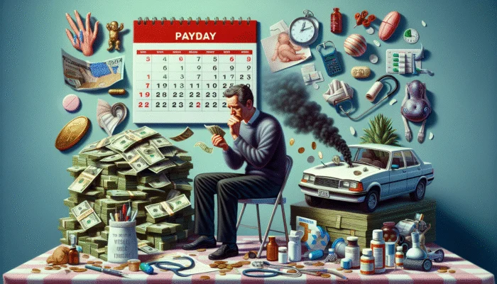 Person counting money next to calendar, surrounded by loan documents, car issues, and medical bills.