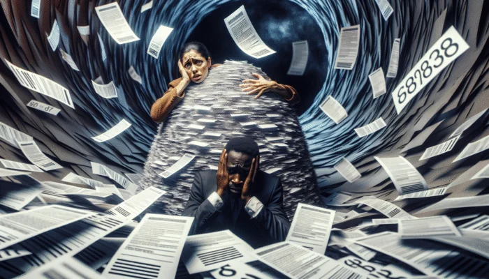 A distressed woman and man overwhelmed by bills and legal notices in a dark, cramped room, trapped in a cycle of payday loan debt.