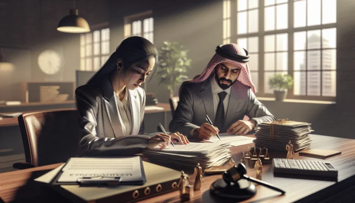 Person reviewing loan agreement, highlighting sections, discussing terms with lender in office.