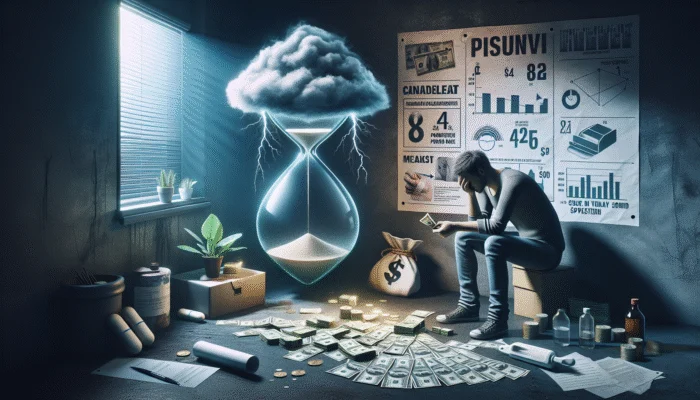 Person counting cash in dim room, surrounded by bills and medical expenses, near payday loan ad.
