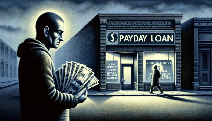 Person holding cash and loan agreement outside payday loan store at dusk.