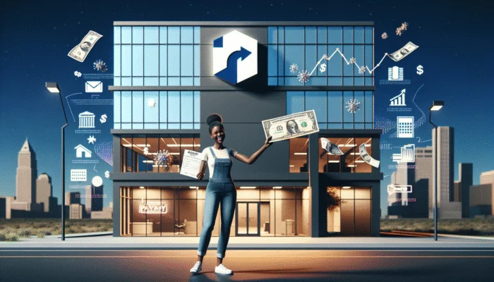 A part-time worker in Texas smiling with a paycheck in front of a bank offering payday loans.