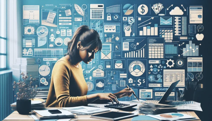 A part-time worker at a desk with financial documents, calculator, budget, calendar, and list of counseling services.