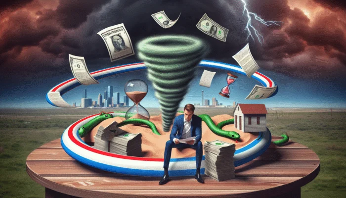 A stressed Texan surrounded by payday loan documents, high interest rates, and short repayment deadlines.