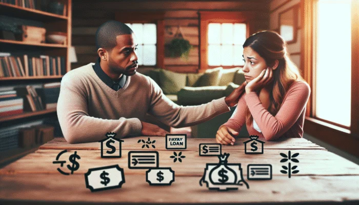 A Texan woman consults a financial advisor about payday loan repayment at a rustic table.