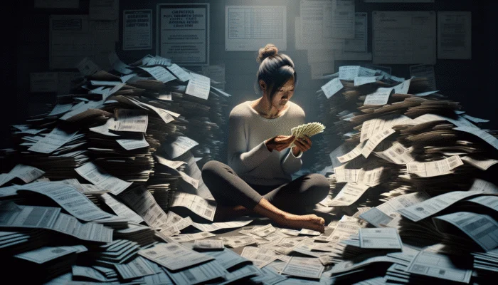 A person counting cash with a worried look, surrounded by bills and urgent notices in a dimly lit room.