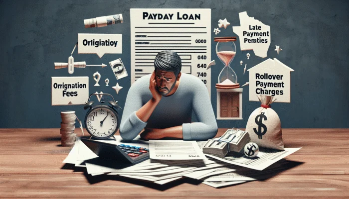 Person in Texas calculating payday loan costs, looking worried, surrounded by documents and calculator.