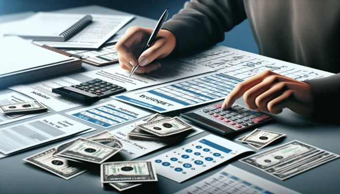A person focused on budgeting at a desk with financial documents, calculator, and calendar marking loan repayment dates.