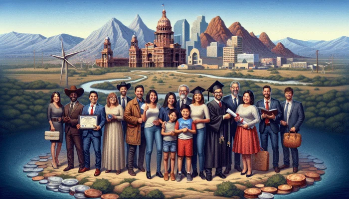 Diverse Texas borrowers celebrating achievements with payday loan help, holding diplomas and keys, iconic Texas landscapes.