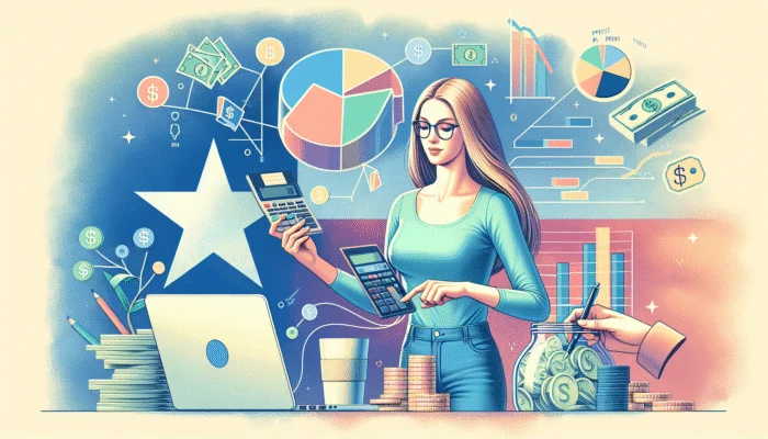 Person in Texas using calculator and laptop, surrounded by budgeting tools and emergency fund, symbolizing financial empowerment from payday loans.